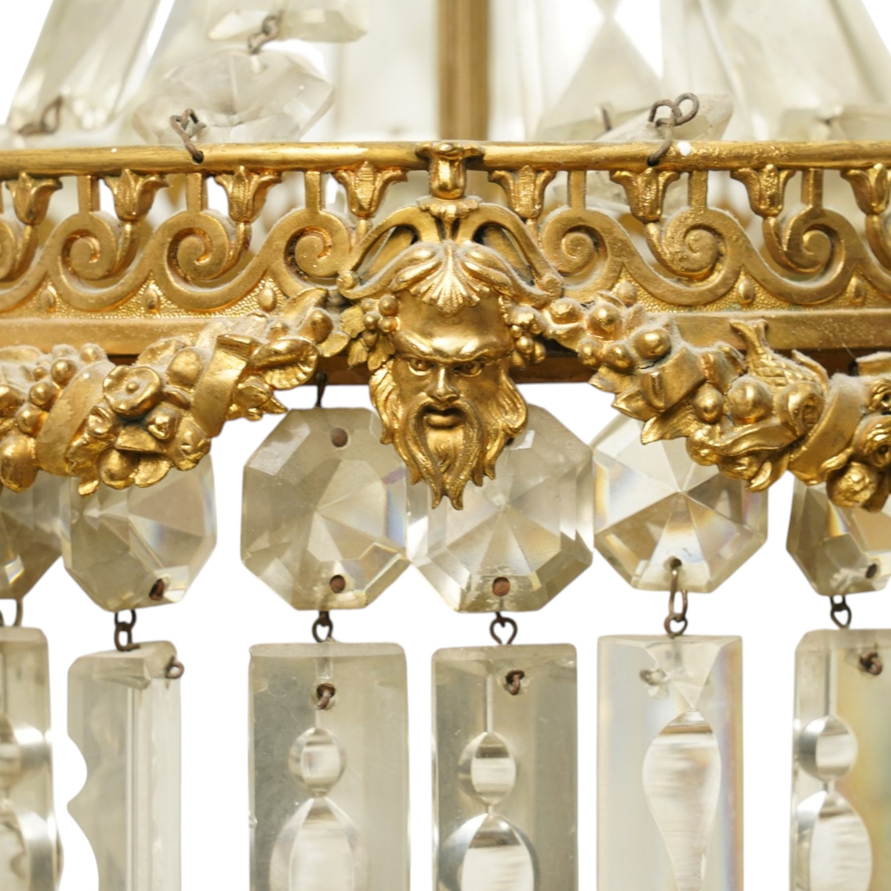 Brass and crystal ceiling light, drop 72cm, together with three small crystal oval wall lights, H28cm (4)