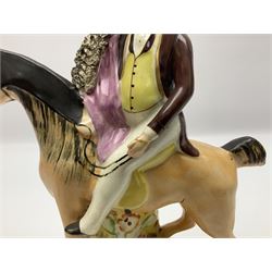 19th century Staffordshire figure of Robert Peel, titled 'Sir Robert Peel', modelled on horseback, atop an oval plinth base featuring a naturalistic and floral design, H30cm 