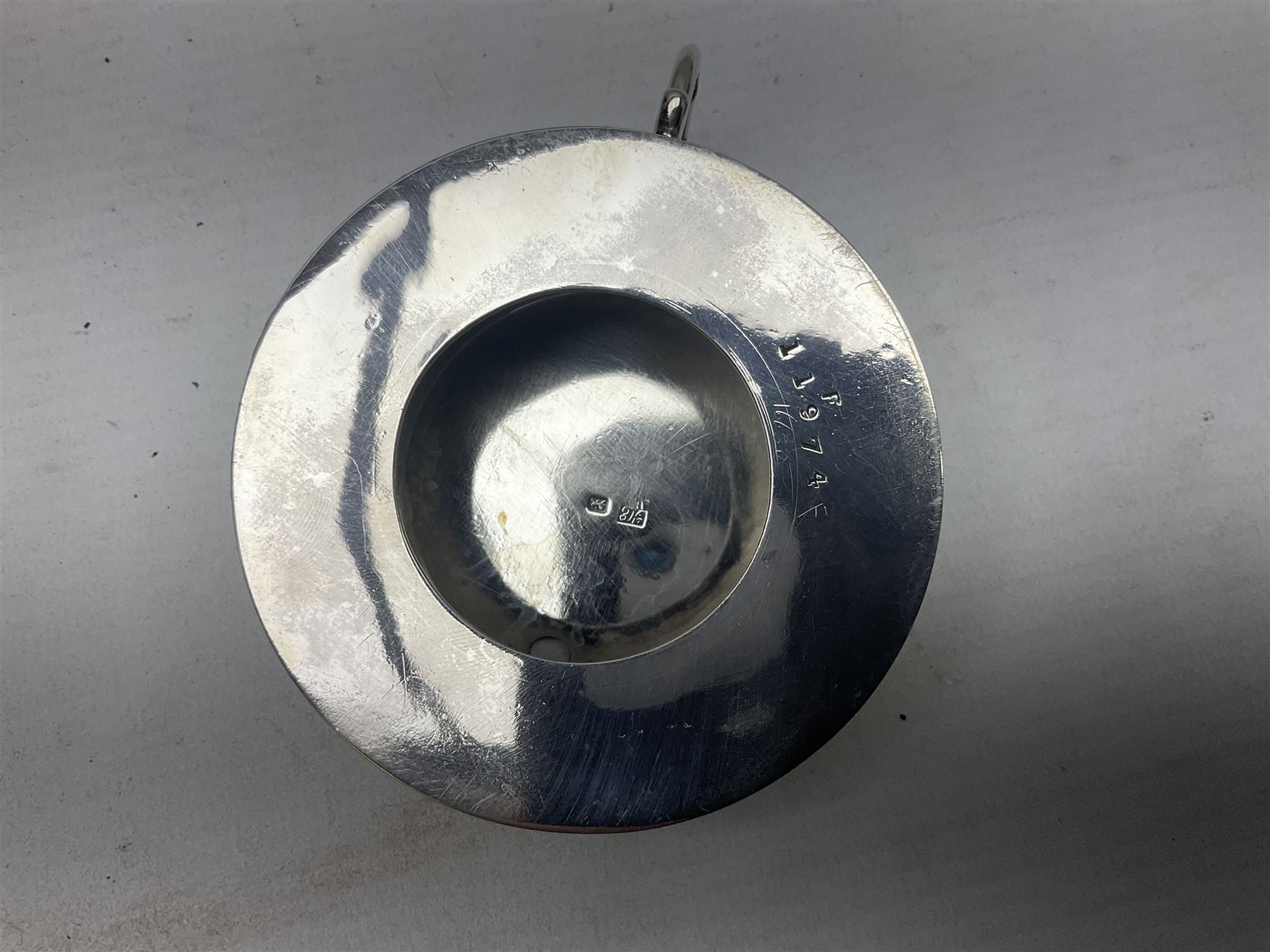 Early 20th century silver mustard pot and cover, with blue glass liner, hallmarked Hawksworth, Eyre & Co Ltd, Sheffield 1911, approximate silver weight 59.4 grams