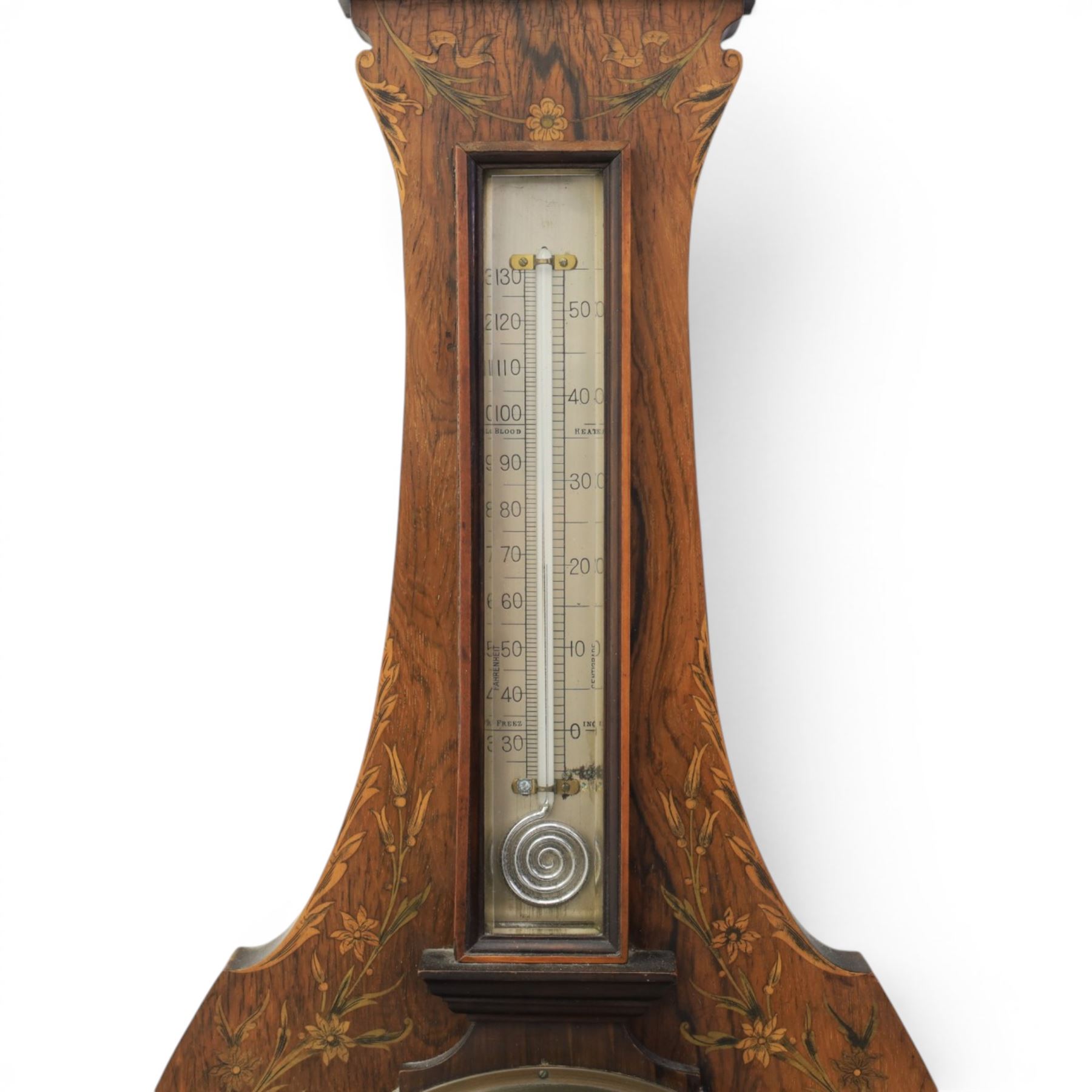 Edwardian mahogany barometer, shaped case with swan neck pediment and urn finial, satinwood inlaid floral and ribbon tied decoration, fitted with silvered thermometer scale over circular aneroid dial, signed W. Allen, Nottingham
