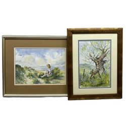 Ken Johnson and Sheila Johnson collection (British 20th century): 'Lincolnshire Landscape - Tetford', watercolour, Moorland and Dales Landscape, pair oils on board signed, The River Esk and Yorkshire Village, two oils on board the latter signed, Ancient Tree with Bluebells and 'Reflection - Northumberland', two watercolours signed (7)