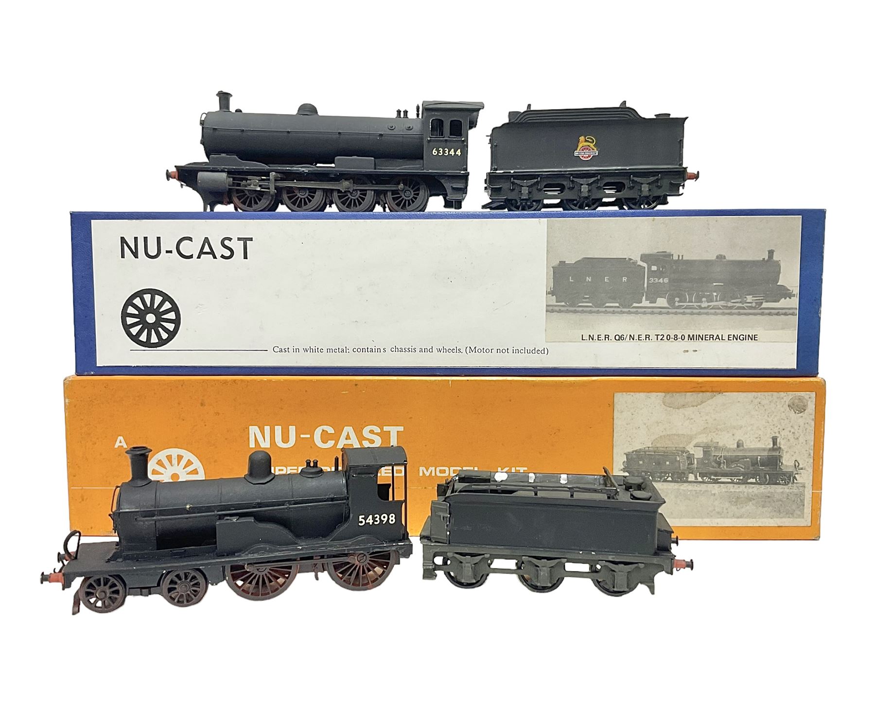 ‘00’ gauge - two kit built steam locomotives comprising unnamed LMS/HR Drummond Class C/BEN 4-4-0 no.54398 finished in BR black; Class Q6 0-8-0 no.63344 finished in BR black; both with Nu-Cast boxes (2) 