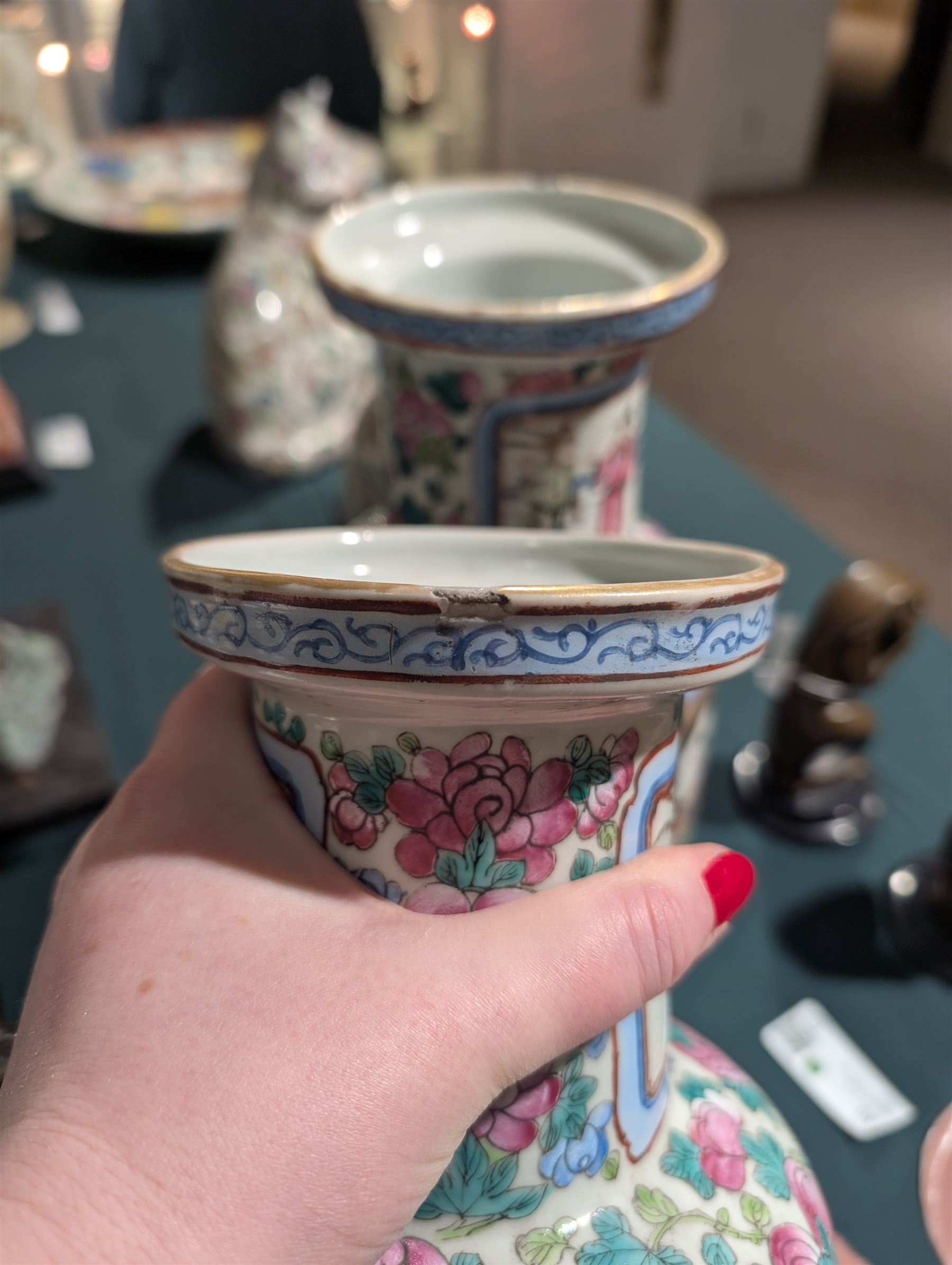 Pair of Chinese Canton famille rose vases, with panels of court terrace scenes surrounded by foliate borders, H35cm 