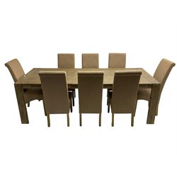 Contemporary hardwood dining table, rectangular top raised on T-shaped supports (W240cm D100cm H78cm); and set eight high back dining chairs, upholstered in beige fabric (W45cm H105cm)