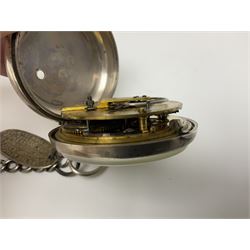 Victorian silver pair cased fusee lever pocket watch, No. 6765, cream enamel dial with Roman numerals, case makers mark R.S, Birmingham 1861, on silver Albert chain