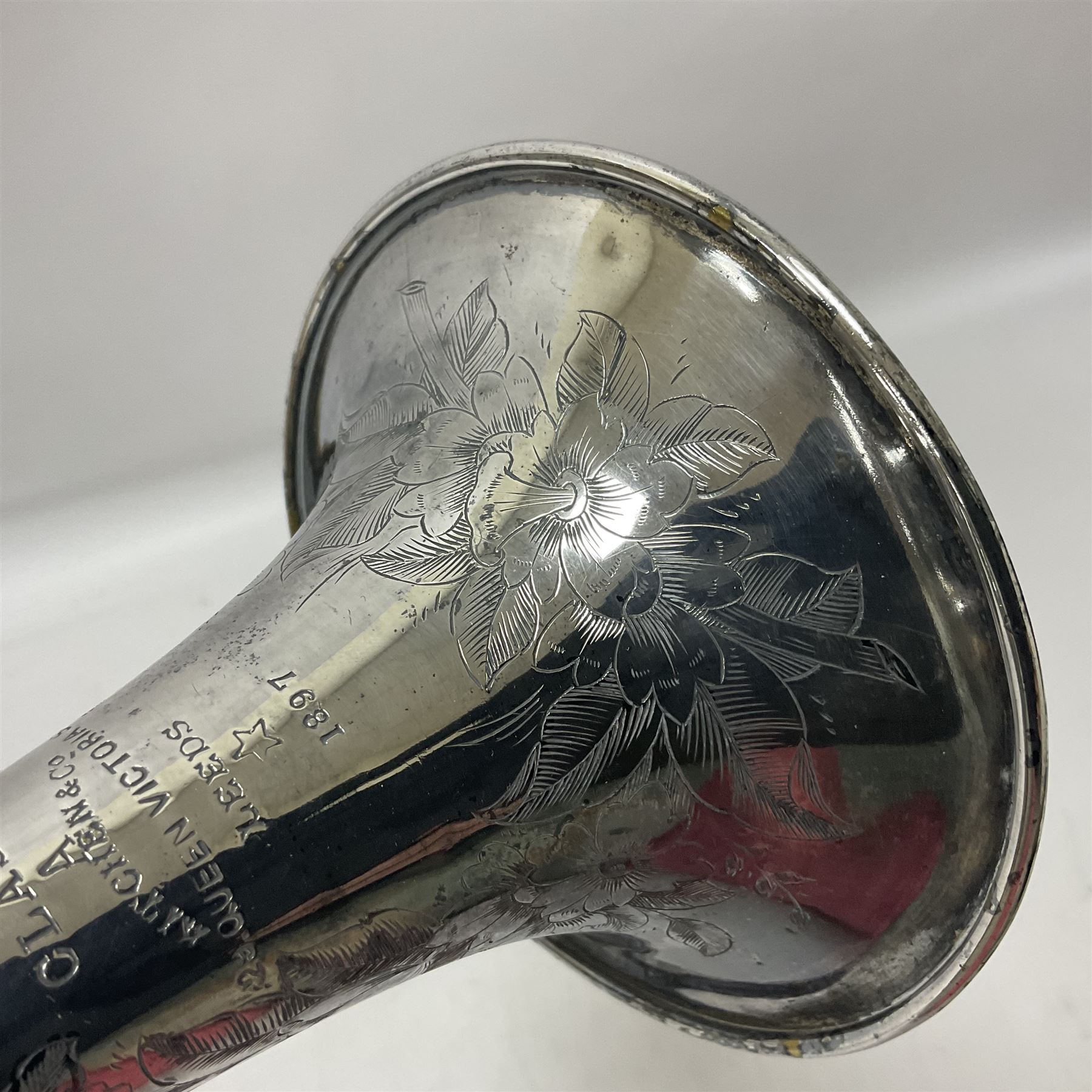 Victorian Class A silver plated trumpet retailed by Kitchen & Co,29 Queen Victoria Street Leeds, 1897 with mouthpiece/slide and in its original felt lined box
