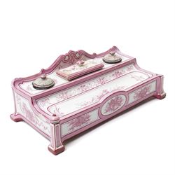 19th Century French enamelled porcelain inkstand, by Gien, in shades of pink and white, with twin inkwells and pen tray, printed marks to base W31cm D16cm