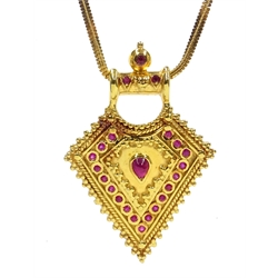  22ct gold pendant set with rubies on chain stamped 750 and an amethyst pendant stamped 15k (2)  