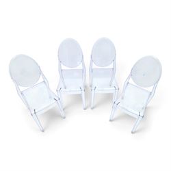 In the manner of Kartell Louis 'Ghost' chairs, transparent moulded plastic, with oval backs and shaped seats, raised on tapering supports