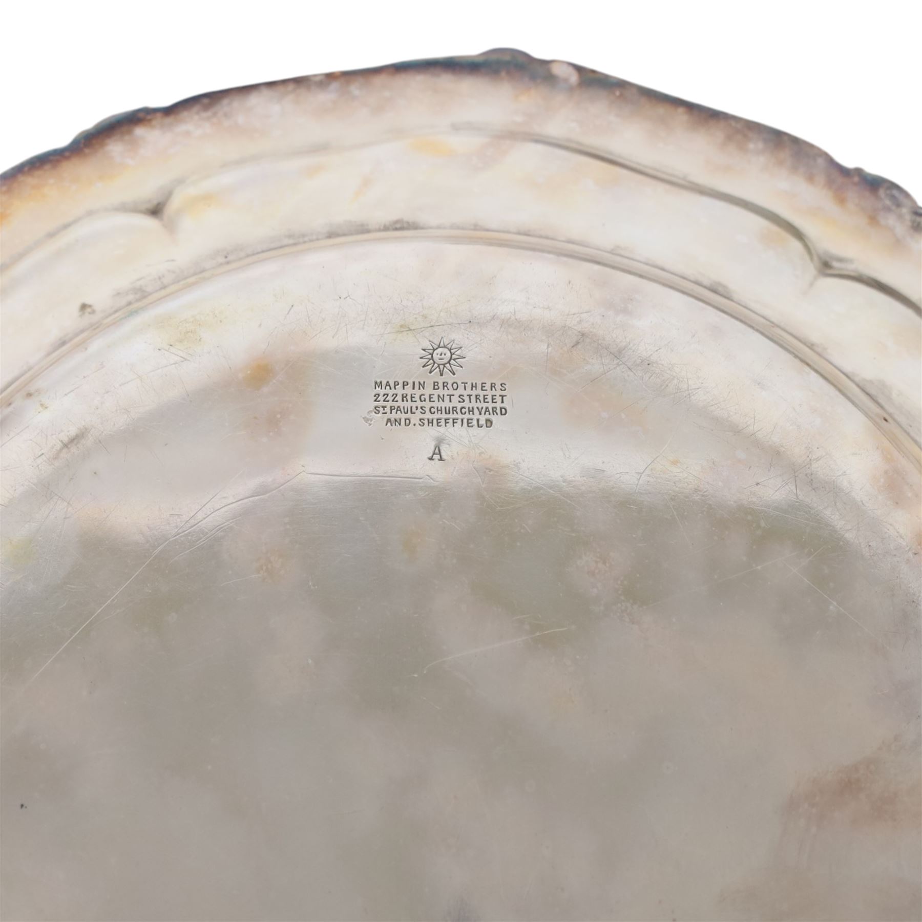 Set of three late 19th century Mappin Brothers silver plated plates, the pie crust rims with oblique gadrooned edge, each engraved with dragon armorial crest, D26cm