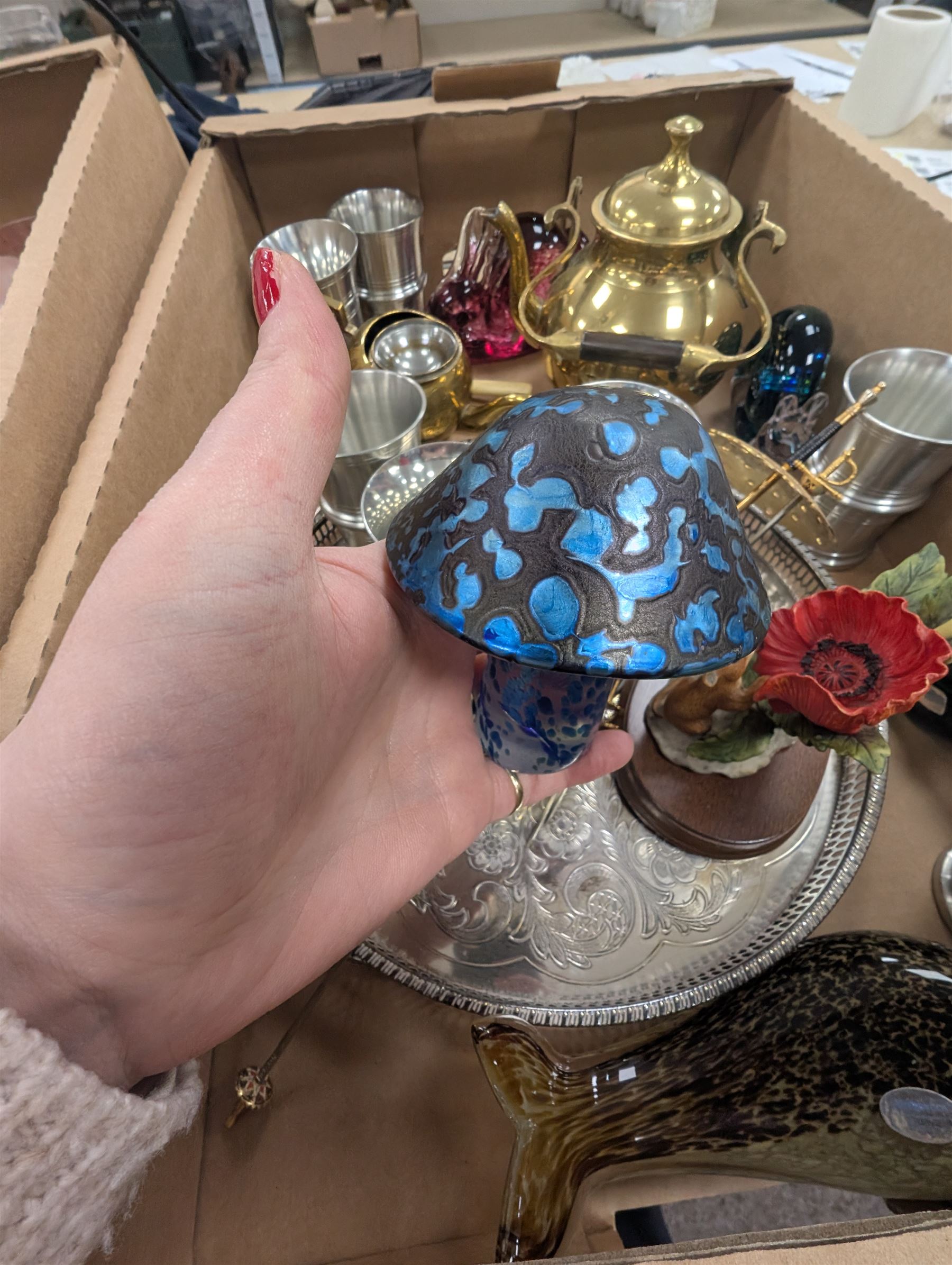 Five Wedgewood glass animals, iridescent mushroom paperweight, Type 6 Eccles brass safety lamp and a collection of metalware, glassware etc