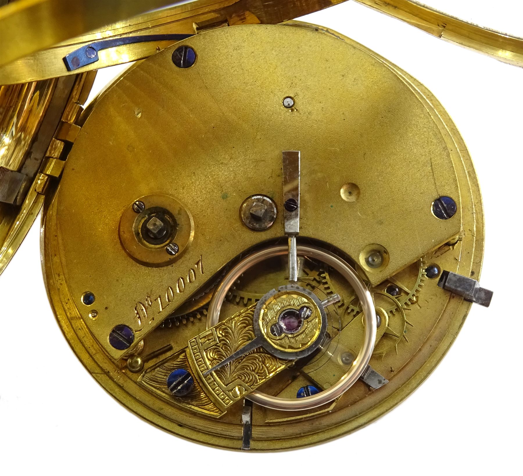 19th century 18ct gold open face lever fusee pocket watch, No. 10007, gilt dial with Roman