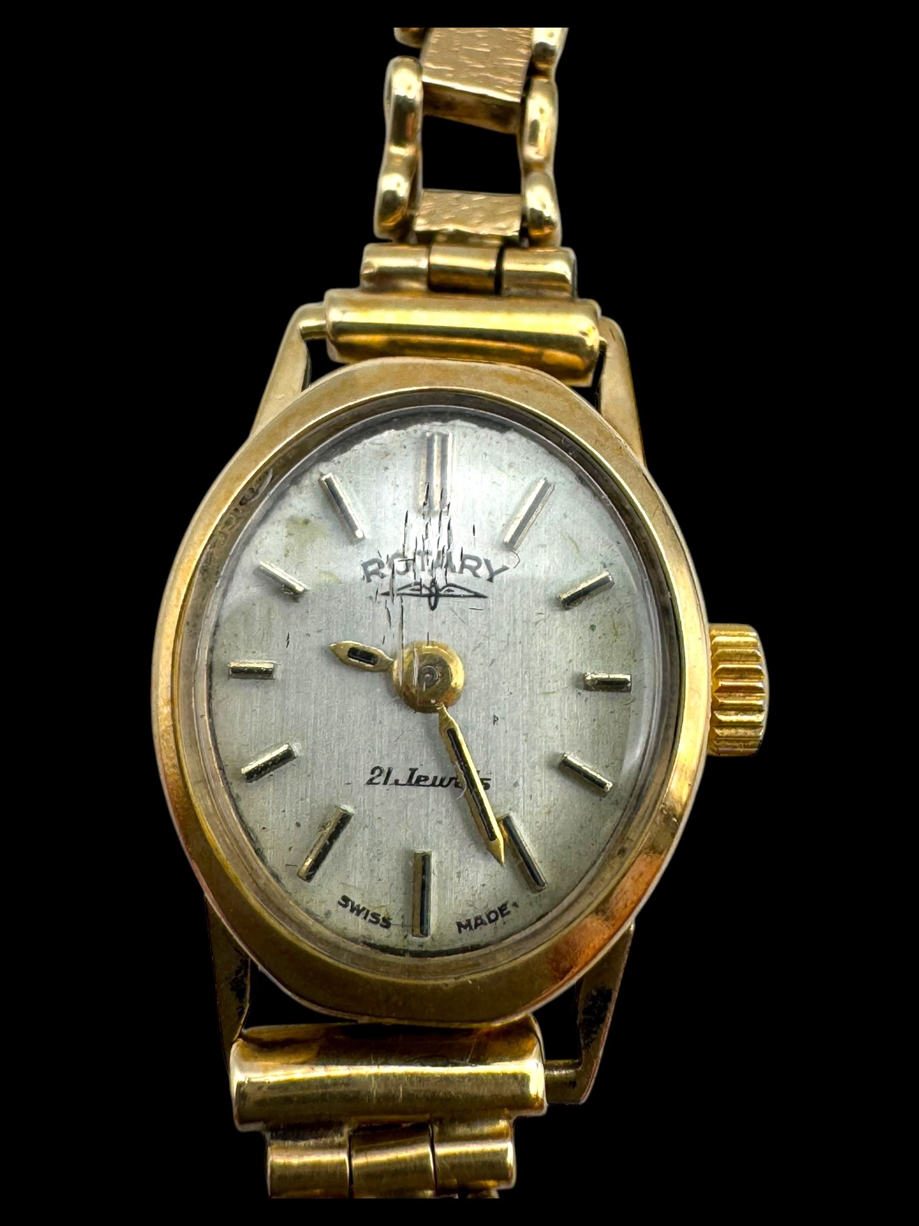 9ct gold ladies Rotary wristwatch, on 9ct gold strap, hallmarked 