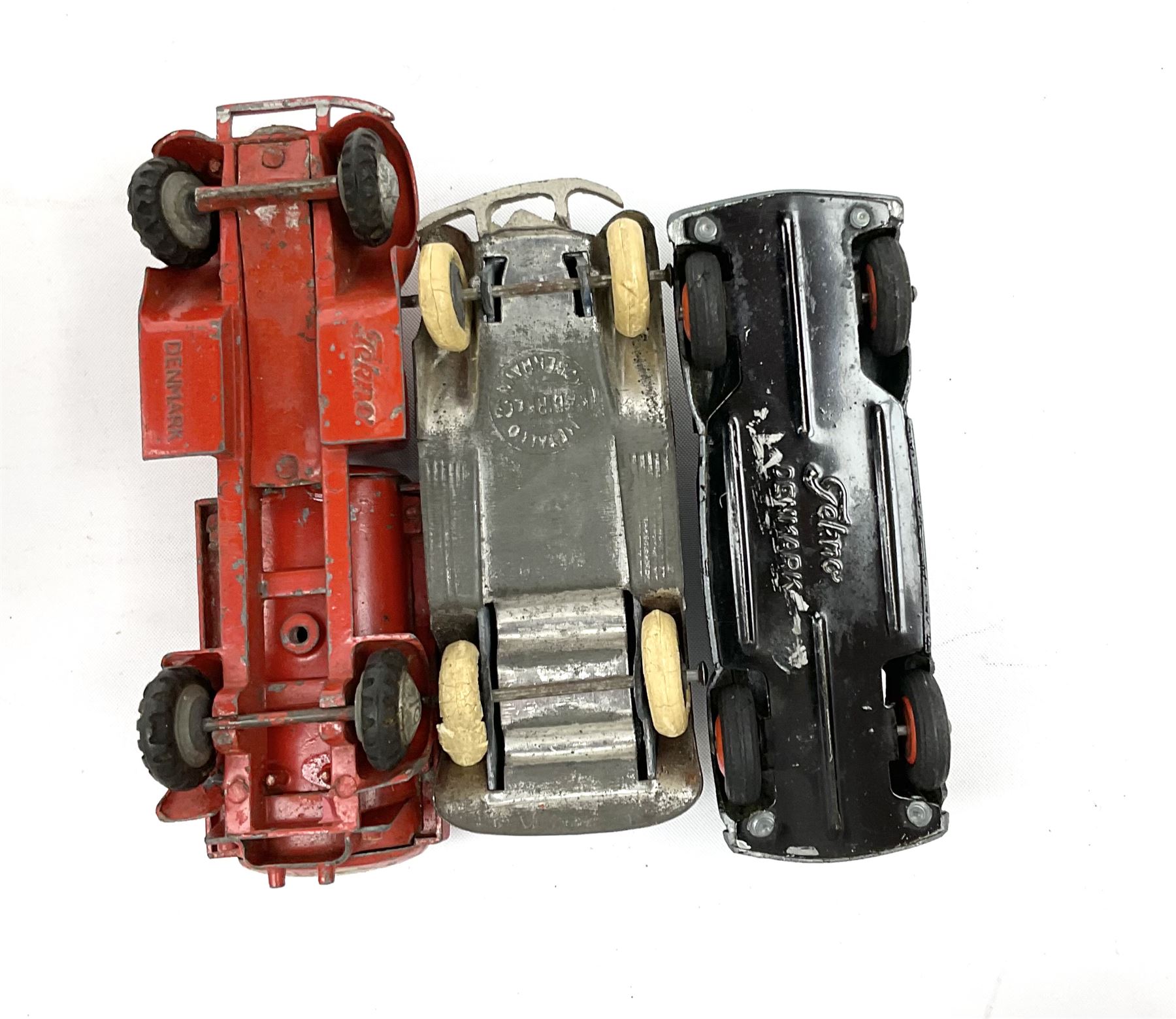 Various Scandinavian Makers - thirteen unboxed and playworn die-cast models comprising K.A. Birk & Co Copenhagen van; BT Denmark car; Stula Denmark car; six Tekno Denmark including Morris Oxford car and caravan, Esso Tanker, ambulance, open lorry, Volvo PV544 etc; three Vilmer Denmark trucks; and Minicar Norway timber lorry (13)