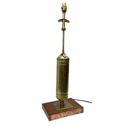 Repurposed lamp modelled from a mid-century brass Pyrene fire extinguisher, on rectangular wood base with copper and brass edging, H63cm