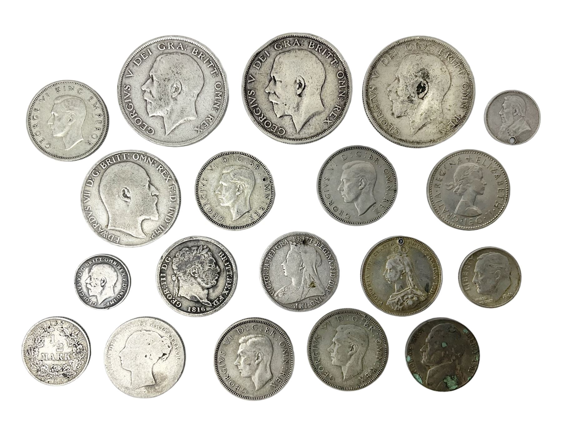 Three King George V silver halfcrown coins dated 1916, 1917, 1919, King Edward VII and Queen Victoria pre 1920 silver coins and other coinage