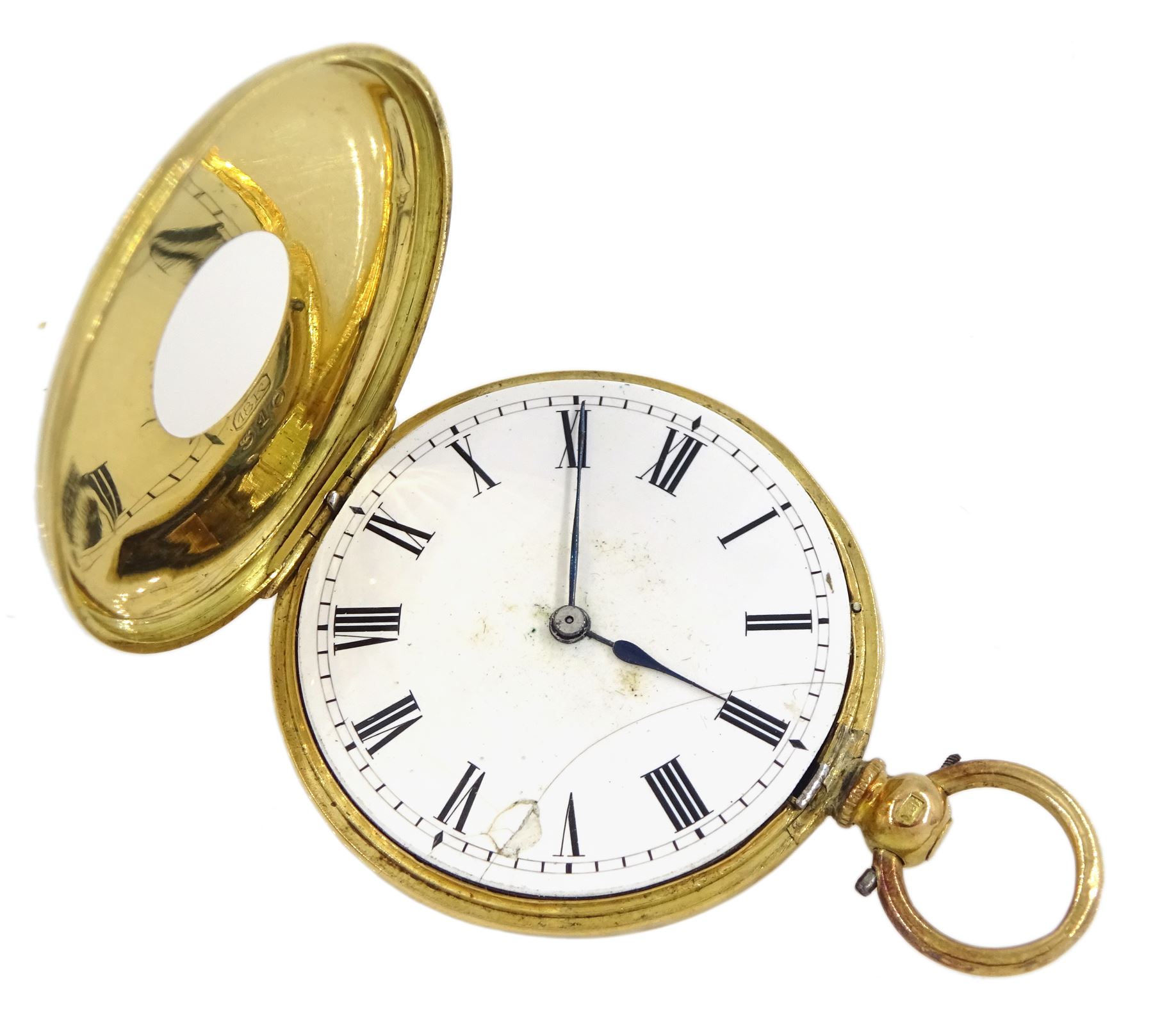 Victorian 18ct gold half hunter ladies key wound cylinder pocket watch, white enamel dial with Roman numerals, back case engraved and engine turned with flower decoration, stamped 18K
