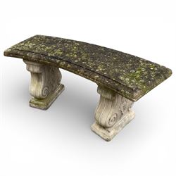 Composition stone garden bench with scroll supports
