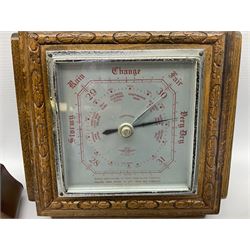 Smiths barometer in carved and stepped oak square case, together with a small copper 8 days clock with bevelled glass plate