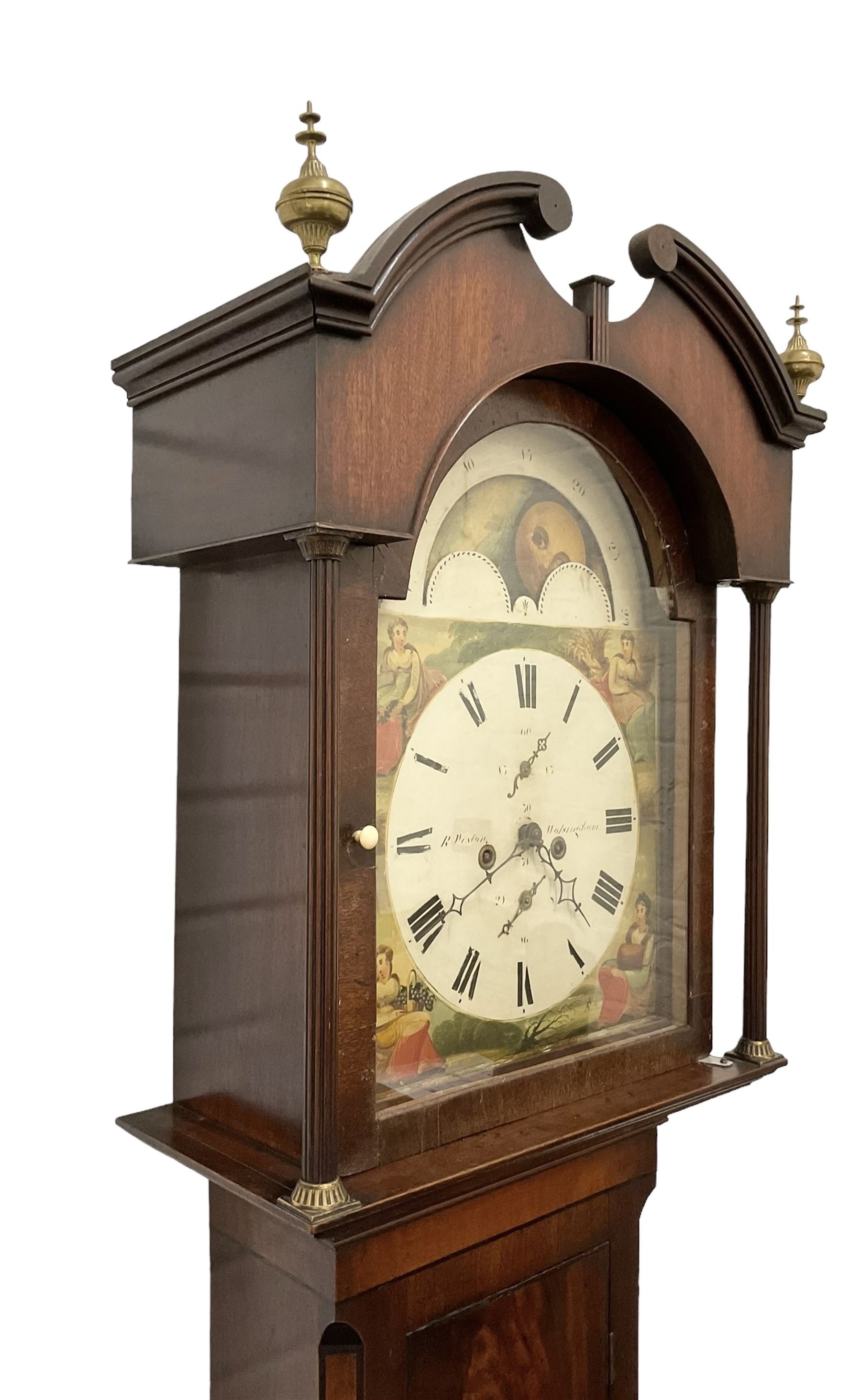 Ralph Weston (III) of Wolsingham (Co Durham)  -  Mahogany cased 30-hour Longcase clock, broken arch pediment with brass paterie and two ball and spire finials, break arch hood door flanked by reeded pilasters with brass capitals, trunk with canted corners and long flat topped door, rectangular plinth raised on bracket feet, painted dial with depictions of the four seasons to the spandrels and a working moon disc to the arch, with Roman numerals, dummy winding arbors, dummy seconds dial, calendar dial and steel hands, Dial pinned directly to a countwheel striking chain driven movement, with weight and pendulum.  
The Weston family of County Durham clockmakers were highly prolific family of North-Eastern clockmakers during the 18th and 19th century, Well known for producing many Thirty-Hour clocks with 