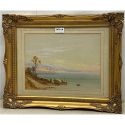 T Wilson (19th century): Middle Eastern Coastal scene, watercolour heightened in white signed and dated 1886, 24cm x 32cm