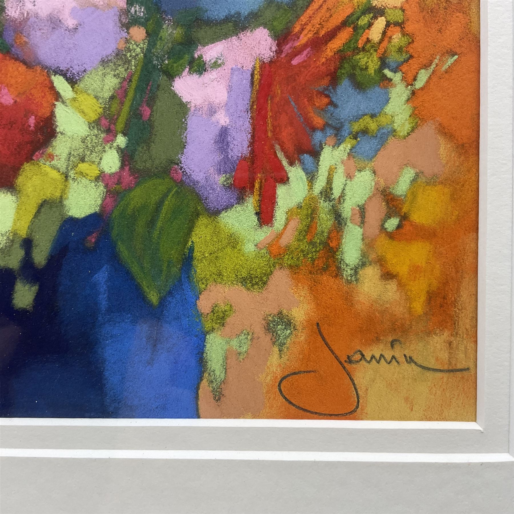 Philippe Janin (French 1959-): 'Bouquet au Vase Bleu' Still Life, pastel signed, titled verso 19.5cm x 19.5cm 