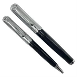 Acqua Di Parma for Aurora fountain pen, the black barrel with chrome mounts and cap, and white gold nib stamped 14K, together with a matching ballpoint pen, L13.5cm (2)