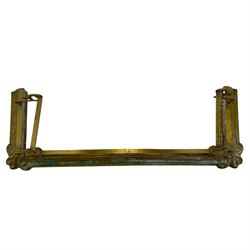 Three 20th century brass fenders, two with pierced Art & Crafts design rails, largest W156cm, D 45cm 