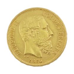 Belgian Leopold II 1870 gold twenty francs coin