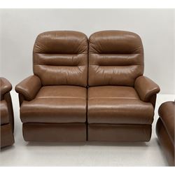 Sherborne three piece lounge suite upholstered in light brown leather – two seat sofa (W145cm), matching armchair (W84cm) and an electric reclining armchair (W85cm)