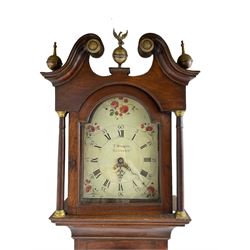 Thomas Wrangles -  early 19th-century oak longcase clock with a swans neck pendulum and three brass finials, glazed hood door flanked by two free standing pilasters, long trunk door with a break-arch top on a square plinth raised on bracket feet, painted dial inscribed T Wrangles Scarboro, dial pinned directly to a 30-hour chain driven count wheel movement striking the hours on a bell.
 With pendulum and weight. 