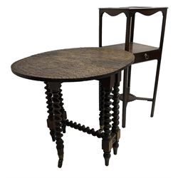 Georgian mahogany washstand, fitted with single drawer, on square tapering supports united by x-framed undertier (34cm x 34cm, H84cm); together with a Victorian oak drop-leaf occasional table, the top carved with flower heads and trailing branches, on spiral turned gate-leg action base (71cm x 58cm, H59cm)