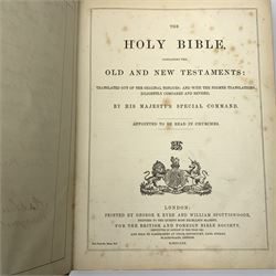 Victorian Rev. John Eadie leather bound Family Bible; three other Victorian leather bound Bibles; and another Victorian leather bound book The Altar of the Household edited by the late rev. John Harris (5)