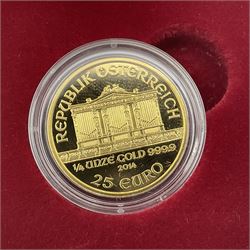 Austria 2014 gold proof two coin set, comprising one ounce fine gold one-hundred Euro and quarter ounce fine gold twenty-five Euro coins, cased with certificate