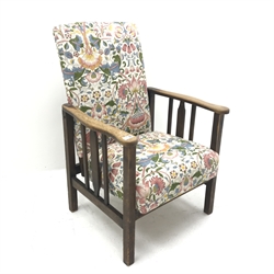 Vintage oak framed reclining armchair, upholstered in a floral patterned fabric, square supports, W60cm