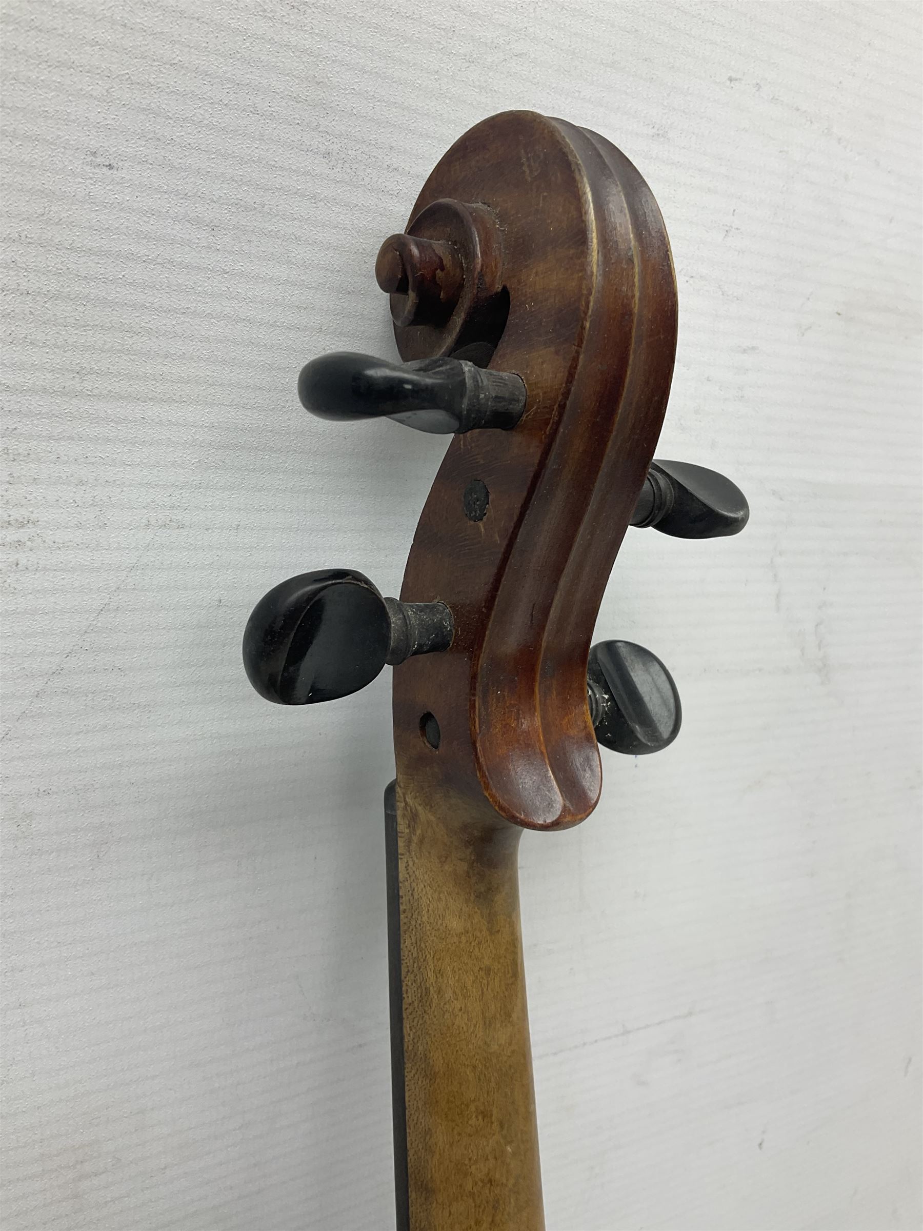 Chinese Parrot violin with 35.5cm two-piece back; L59.5cm in carrying case; and early 20th century German violin for restoration; bears label 'Antonius Stradivarius Faciebat Anno 1730'; cased with bow (2)