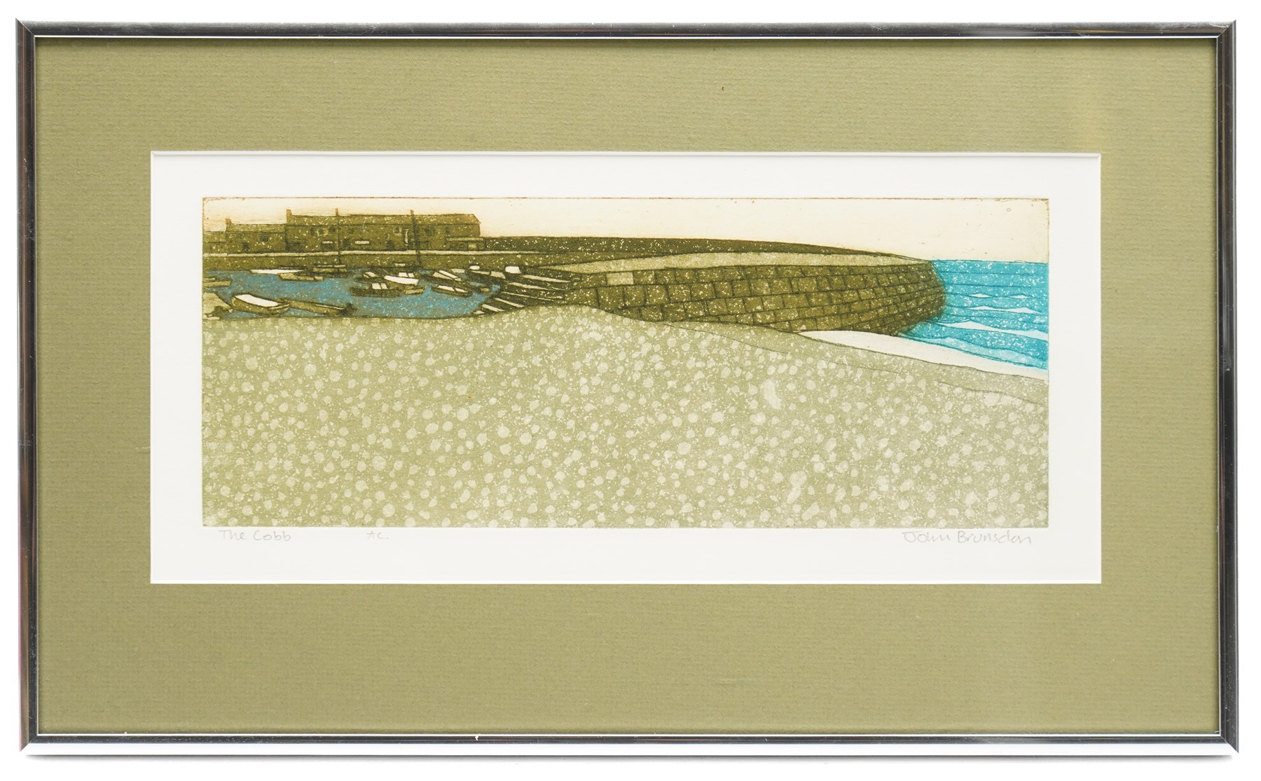 John Brunsdon ARCA (British 1933-2014): 'The Cobb' - Lyme Regis, coloured etching signed and titled in pencil 11cm x 29cm