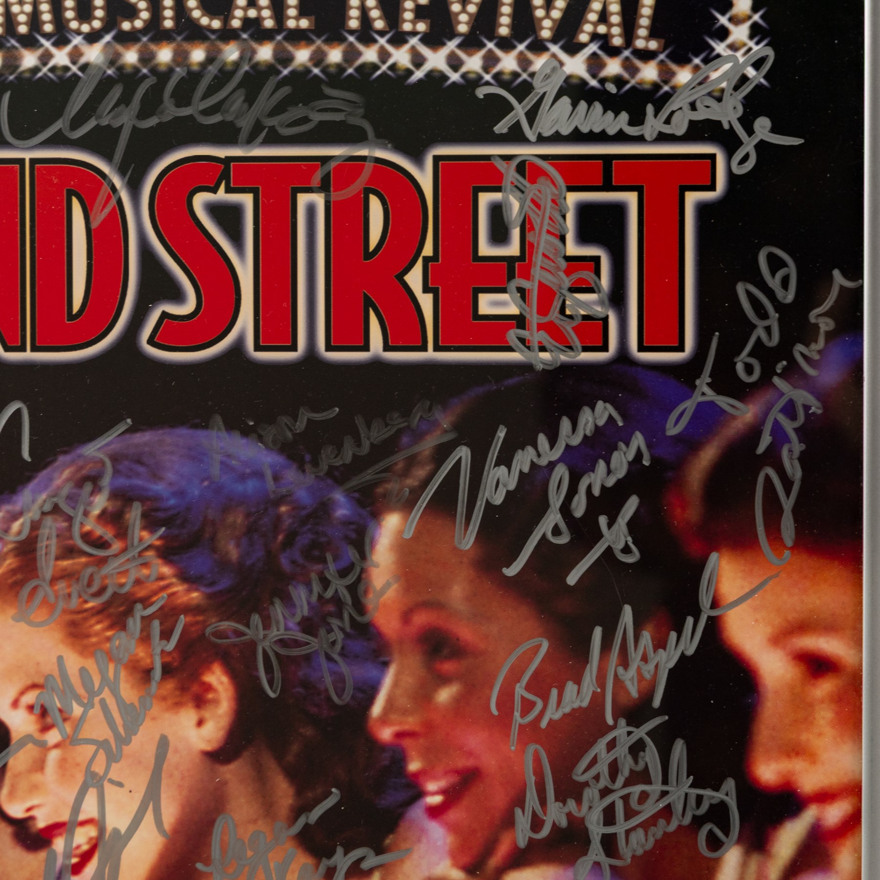42nd Street Broadway theatre poster, circa 2001-2005, advertising the Tony Award Winning Broadway revival at the Ford Centre, New York, bearing multiple cast signatures in silver marker, framed, H55cm