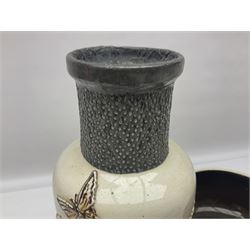Bretby vase, of baluster form, with fluted and chain link decoration upon an ivory ground, together with a similar Bretby bowl, decorated with a band of roses upon an ivory ground, both with impressed marks beneath, and one other vase, with relief floral decoration and pewter cased rim, tallest H33cm