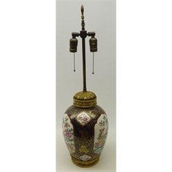  Early 20th century gilt metal mounted French porcelain table lamp, ovoid body enamelled with panels of Oriental style exotic birds in landscapes on a blue & gilt crackle ground, H71cm max   