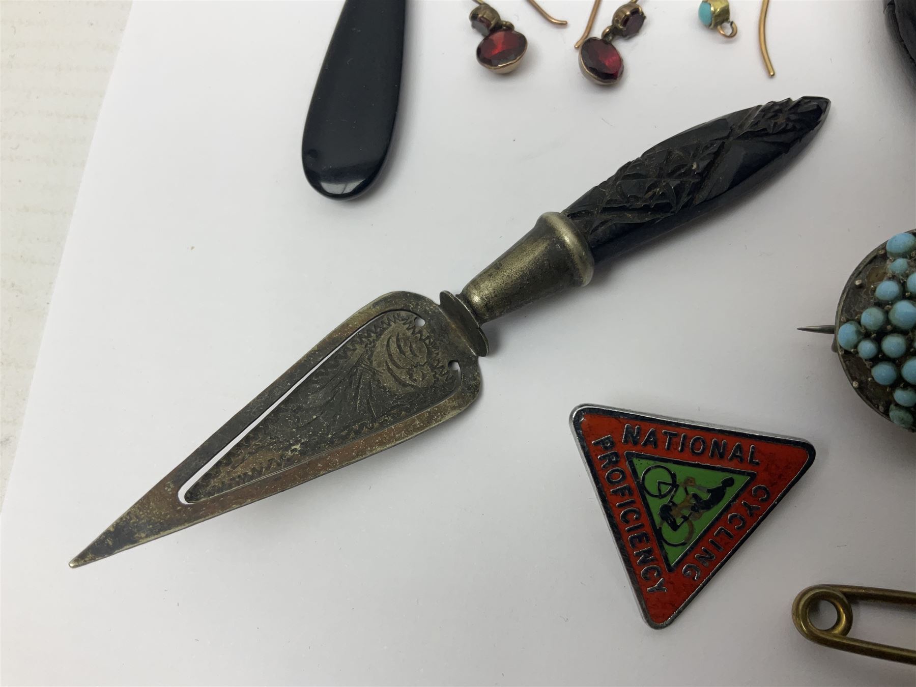 Victorian and later costume jewellery, including 'In Memory Of' mourning pendant, pair of stone set earrings, opal brooch, stick pins, etc 