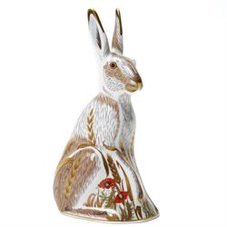 Royal Crown Derby 'Midsummer Hare' paperweight, with gold stopper, boxed, H17cm 