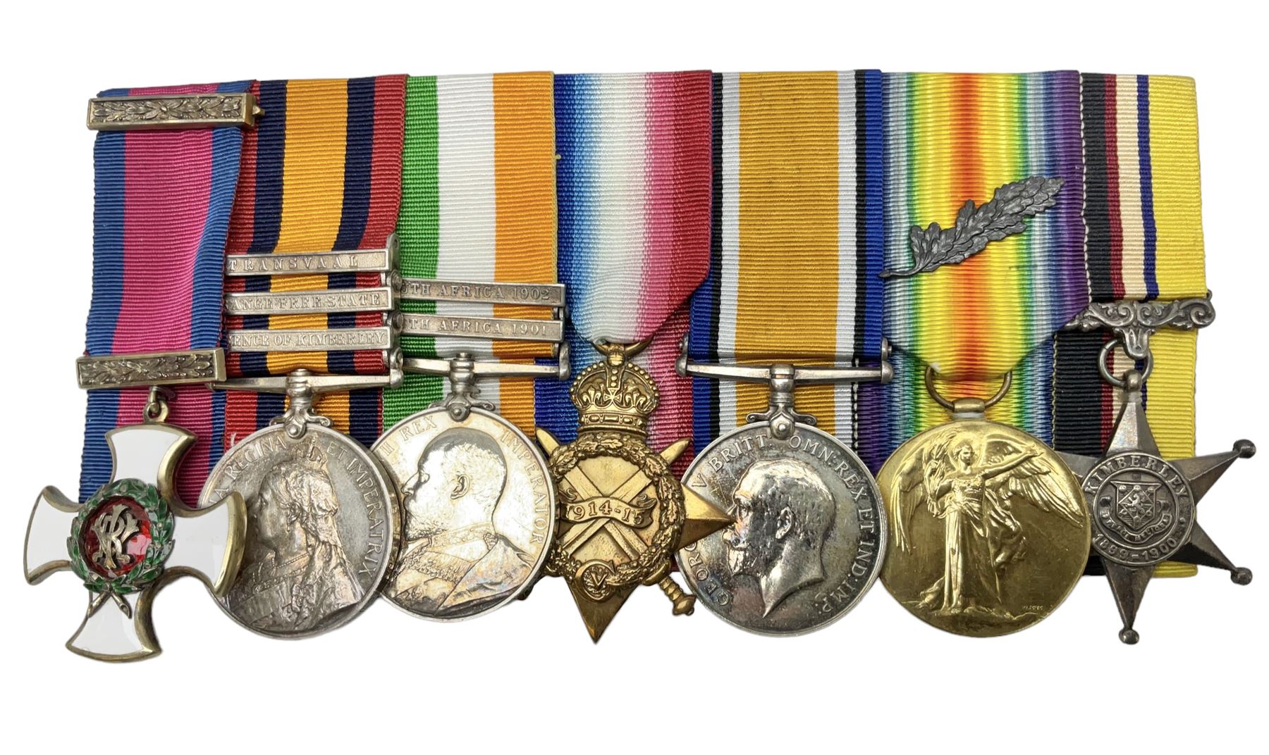 South Africa/WW1 Distinguished Service Order group of seven medals comprising D.S,O. with original ribbon bar and top bar slider, Queens South Africa Medal with three clasps for Defence of Kimberley, Orange Free State and Transvaal, Kings South Africa Medal with two clasps for South Africa 1901 & 1902 awarded to Capt. C.J. O'Gorman D.S.O. R.A.M.C., 1914-15 Star, British War Medal and Victory Medal with MID oak leaves awarded to Major (later Lt. Col.) C.J. O'Gorman D.S.O. R.A.M.C. and Kimberley Star 1899-1900; together with copies of research and biographical material
