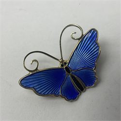 Norwegian silver blue guilloche enamel butterfly brooch, by David Andersen, stamped David Andersen Sterling Norway 925S, H2.3cm