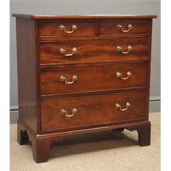  Small 19th century and later mahogany chest of two short and three long drawers, brass swan-neck handles and bracket feet, W70cm, H74cm, D38cm  