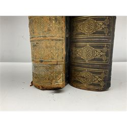 Two 19th century leather bound Browns self interpreting family bibles with colour lithographic book plates, H34cm