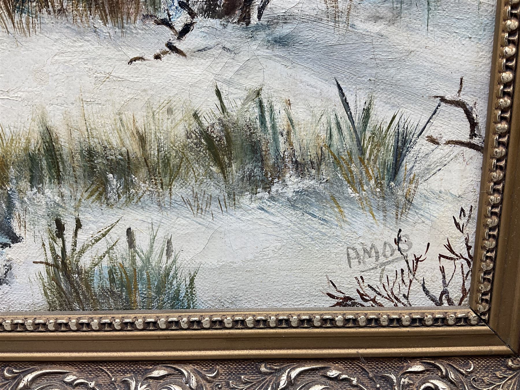 Amos (20th century): Wooded Winter Landscape, oil on canvas signed 44cm x 59cm