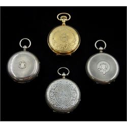 Early 20th century gold-plated full hunter keyless lever pocket watch by American Watch Company, Waltham, No. 8307335, white enamel dial with Roman numerals and subsiderary seconds dial, two silver pocket watches and a white metal pocket watch