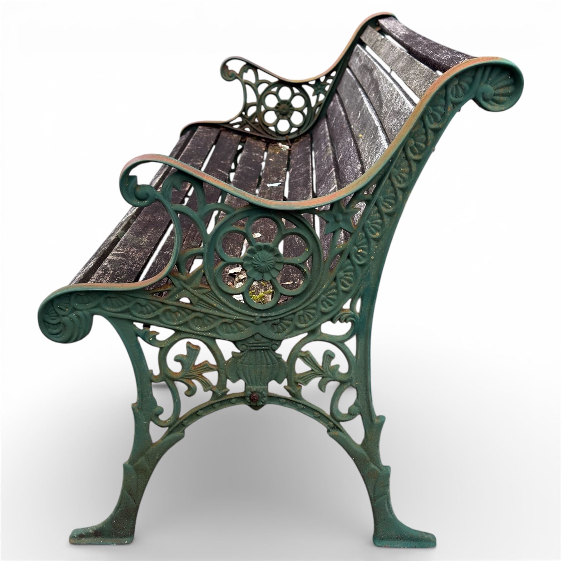 Green cast iron ended wood slat bench