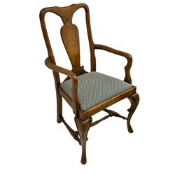 Late 20th century oak dining table, rectangular top with two draw leaf extensions, on turned supports united by moulded hayrake stretchers (180cm - 278cm x 90cm, H76cm); set of eight (6+2) oak dining chairs, shaped cresting rail over shaped splat back, upholster drop-in seat, on cabriole supports united by turned H-shaped stretchers 